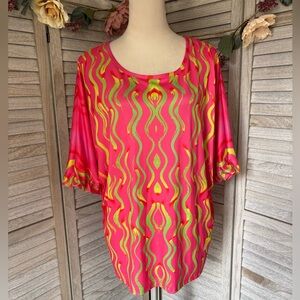 AIMIEE by Firmiana Women’s SZ XL Hot Pink & Neon Green Liquid Cosmic Print Top